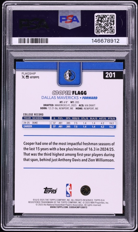 2025 Topps Basketball Cooper Flagg ROOKIE #201 PSA 9 MINT