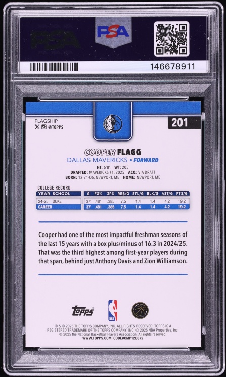 2025 Topps Basketball Cooper Flagg ROOKIE #201 PSA 9 MINT