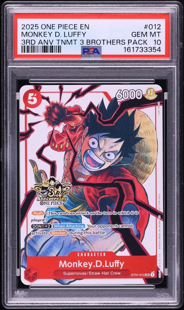 2025 One Piece Promo 3rd Anniversary Tournament 3 Brothers SR Monkey D. Luffy #ST01-012 PSA 10