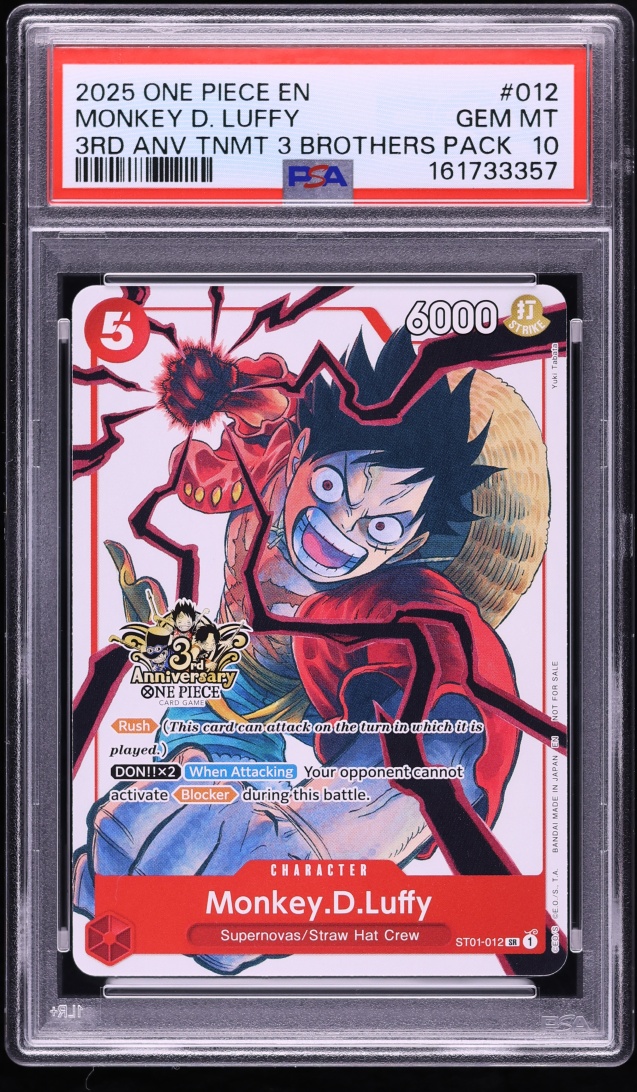 2025 One Piece Promo 3rd Anniversary Tournament 3 Brothers SR Monkey D. Luffy #ST01-012 PSA 10