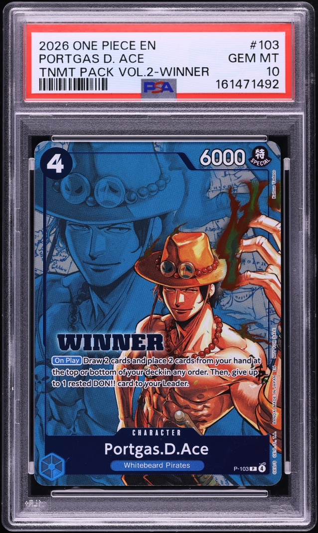 2026 One Piece Promo Tournament Pack Vol. 2 Winner Portgas D. Ace #P-103 PSA 10 GEM MINT