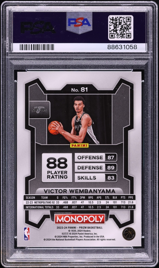 2023 Panini Prizm Monopoly Victor Wembanyama ROOKIE #81 PSA 10 GEM MINT