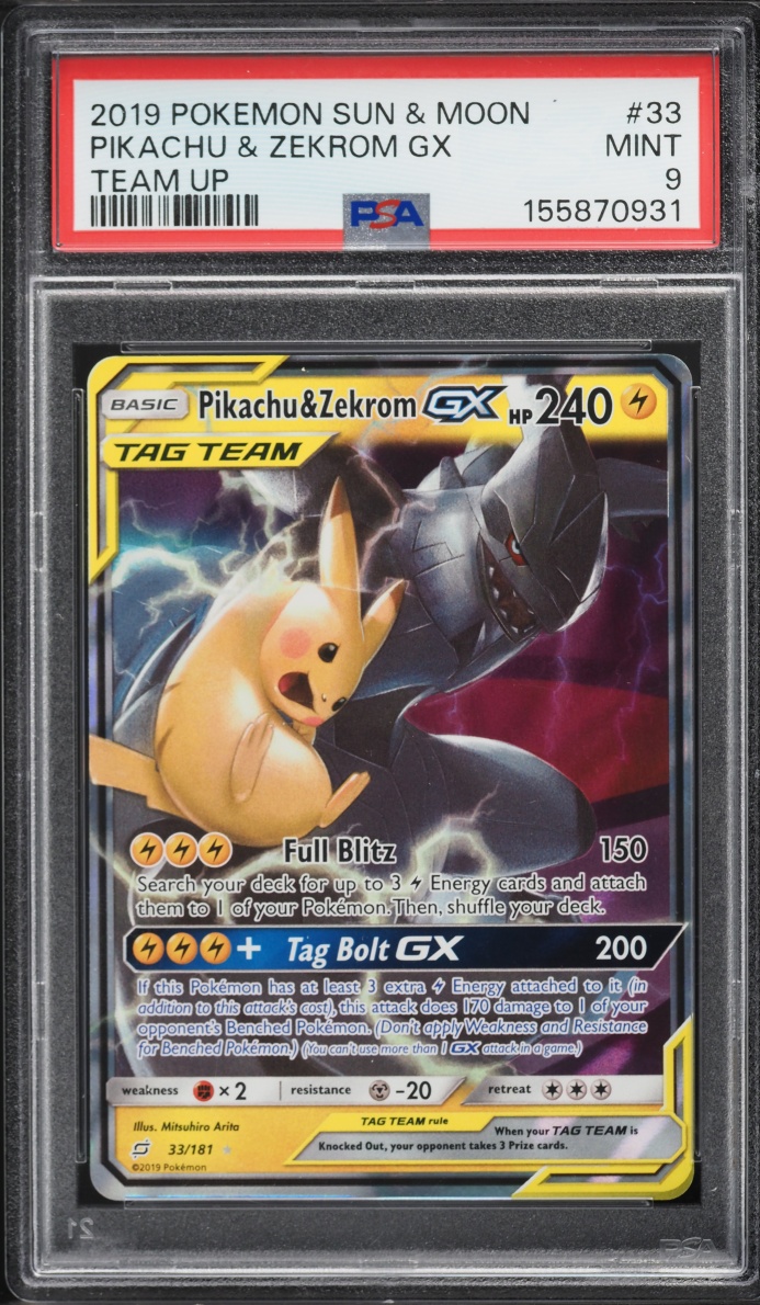 2019 Pokemon Sun & Moon Team Up Holo Pikachu & Zekrom GX #33 PSA 9 MINT
