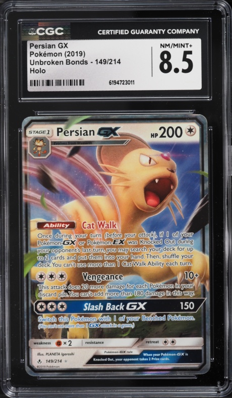 2019 Pokemon Sun & Moon Unbroken Bonds Holo Persian GX #149 CGC 8.5 NM-MT+