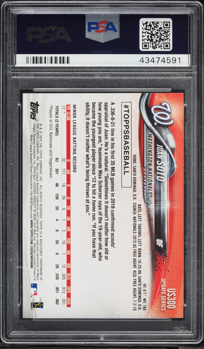 2018 Topps Update Batting Juan Soto ROOKIE #US300 PSA 10 GEM MINT