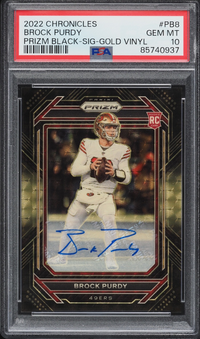 2022 Panini Chronicles Prizm Black Gold Vinyl Brock Purdy ROOKIE AUTO /5 #PB8 PSA 10 GEM MINT