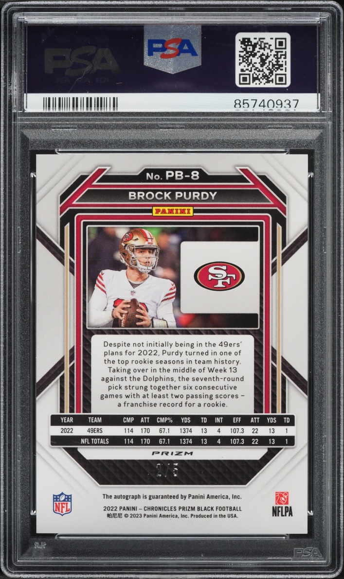 2022 Panini Chronicles Prizm Black Gold Vinyl Brock Purdy ROOKIE AUTO /5 #PB8 PSA 10 GEM MINT