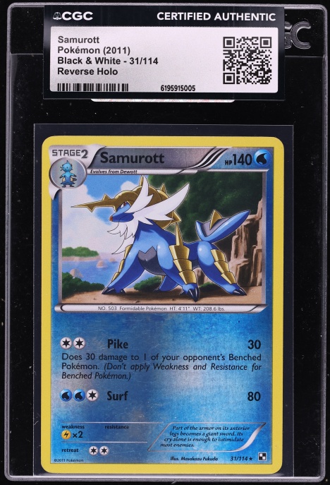 2011 Pokemon Black & White Reverse Holo Samurott #31 CGC AUTH