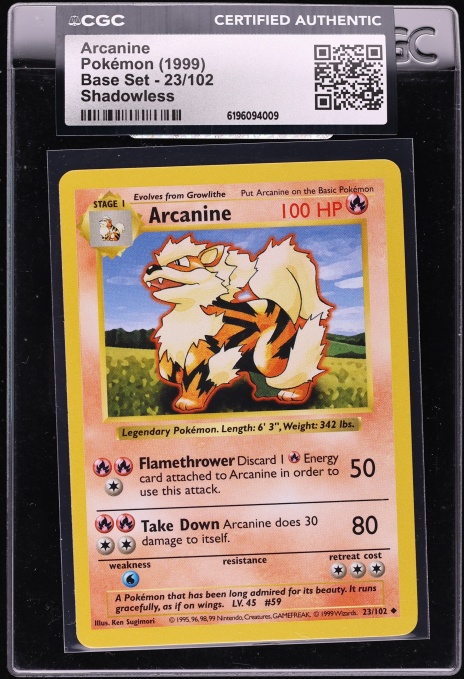 1999 Pokemon Base Set Shadowless Arcanine #23 CGC AUTH