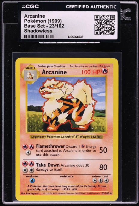 1999 Pokemon Base Set Shadowless Arcanine #23 CGC AUTH