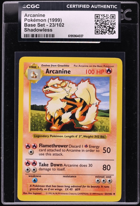 1999 Pokemon Base Set Shadowless Arcanine #23 CGC AUTH