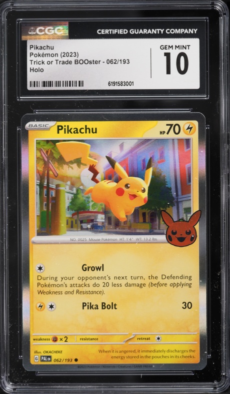 2023 Pokemon Scarlet & Violet Paldea Evolved Trick Or Trade BOOster Holo Pikachu #62 CGC 10 GEM