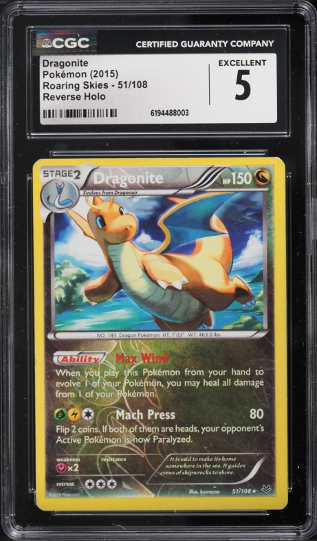 2015 Pokemon XY Roaring Skies Reverse Holo Dragonite #51 CGC 5 EX