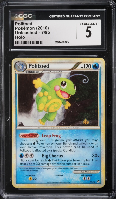 2010 Pokemon HeartGold & SoulSilver Unleashed Holo Politoed #7 CGC 5 EX