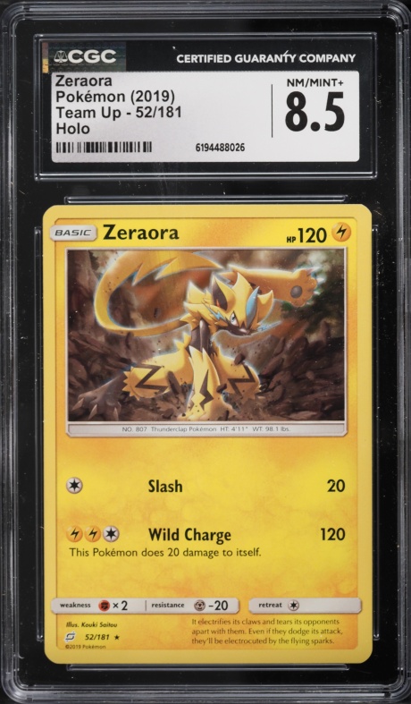2019 Pokemon Sun & Moon Team Up Holo Zeraora #52 CGC 8.5 NM-MT+