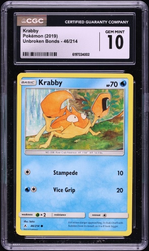 2019 Pokemon Sun & Moon Unbroken Bonds Krabby #46 CGC 10 GEM MINT