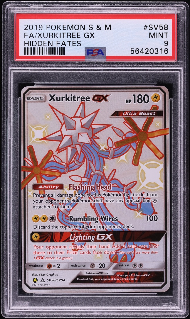 2019 Pokemon Sun & Moon Hidden Fates Shiny Vault Full Art Xurkitree GX #SV58 PSA 9 MINT