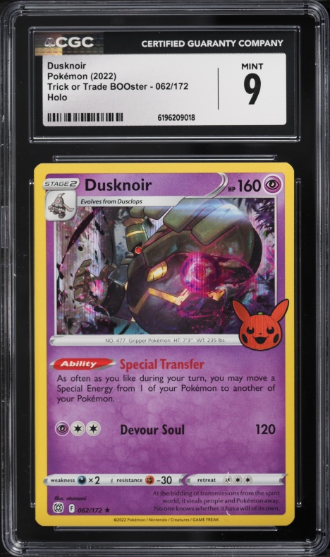 2022 Pokemon Sword & Shield Trick Or Trade BOOster Holo Dusknoir #62 CGC 9 MINT
