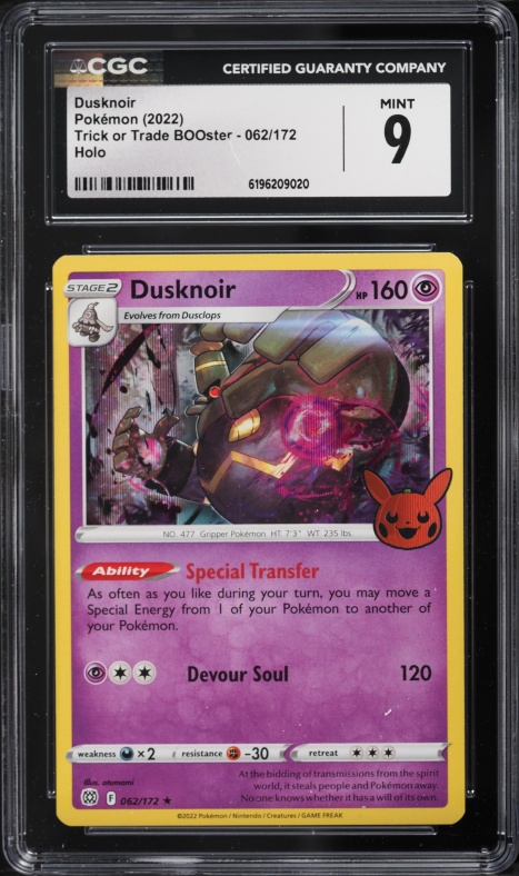 2022 Pokemon Sword & Shield Trick Or Trade BOOster Holo Dusknoir #62 CGC 9 MINT