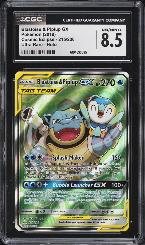 2019 Pokemon Sun & Moon Cosmic Eclipse Alt Art Blastoise & Piplup GX #215 CGC 8.5 NM-MT+