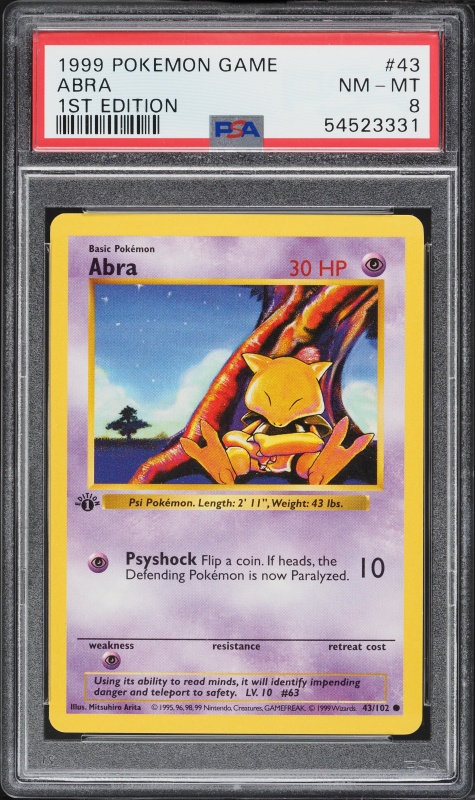 1999 Pokemon Base Set Shadowless 1st Edition Abra #43 PSA 8 NM-MT