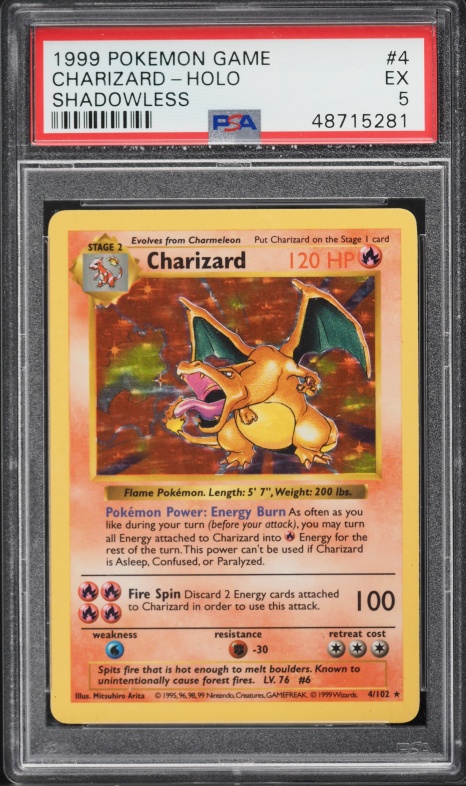 1999 Pokemon Base Set Shadowless Holo Charizard #4 PSA 5 EX