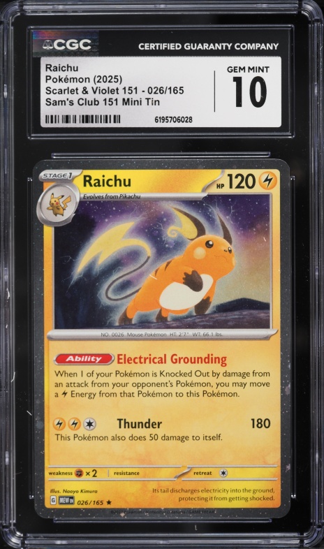 2025 Pokemon Scarlet & Violet 151 Sam's Club Mini Tin Raichu #26 CGC 10 GEM MINT
