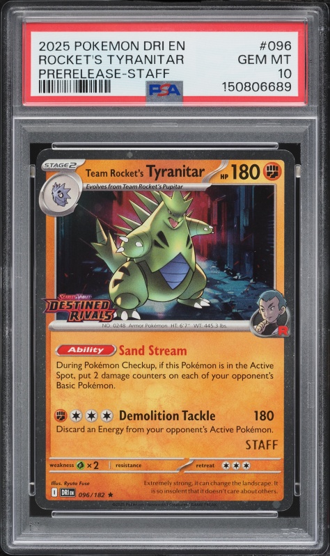 2025 Pokemon SV Destined Rivals Prerelease Staff Team Rocket's Tyranitar #96 PSA 10 GEM MINT
