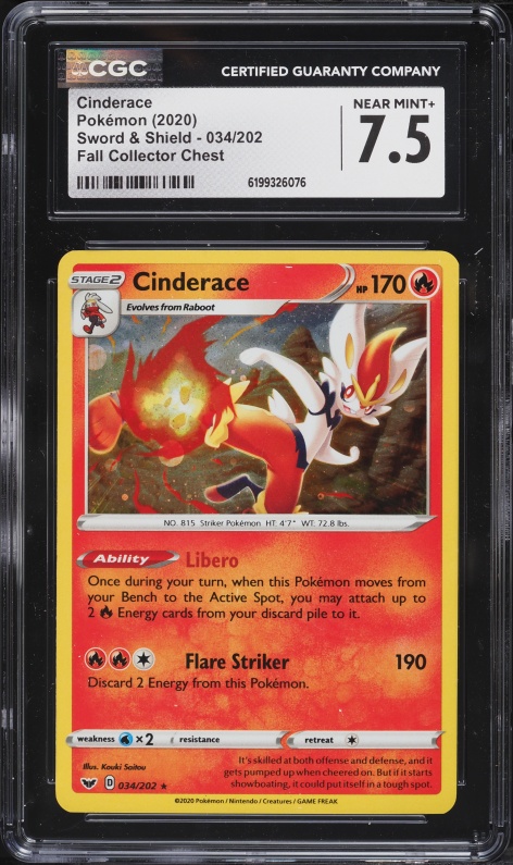 2020 Pokemon Sword & Shield Fall Collector Chest Holo Cinderace #34 CGC 7.5 NRMT+