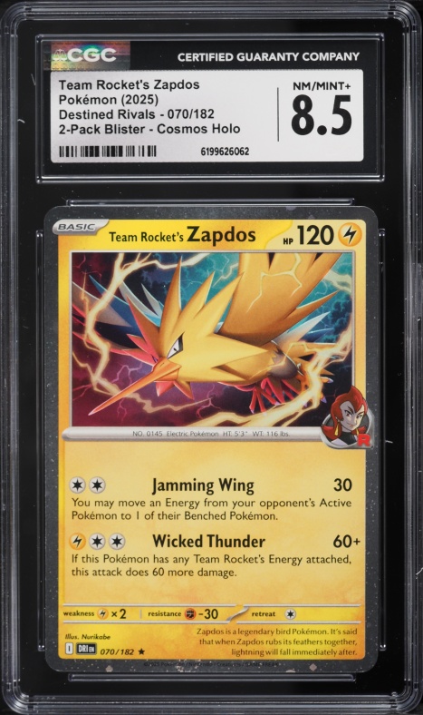 2025 Pokemon Scarlet & Violet Destined Rivals Cosmos Holo Team Rocket's Zapdos #70 CGC 8.5