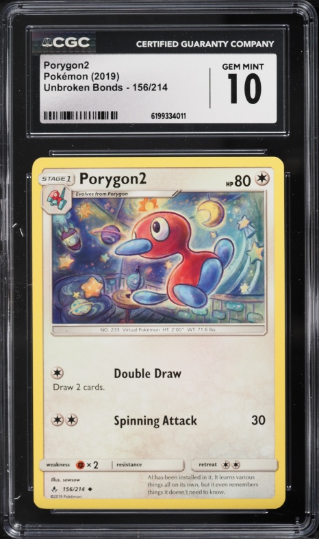 2019 Pokemon Sun & Moon Unbroken Bonds Porygon2 #156 CGC 10 GEM MINT