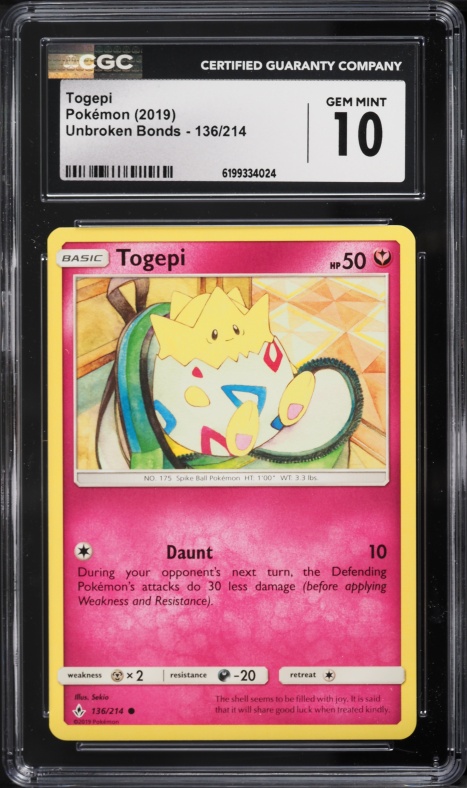 2019 Pokemon Sun & Moon Unbroken Bonds Togepi #136 CGC 10 GEM MINT