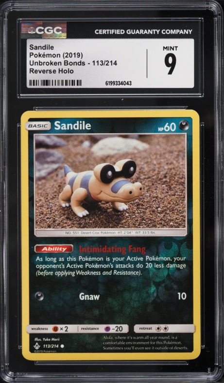 2019 Pokemon Sun & Moon Unbroken Bonds Reverse Holo Sandile #113 CGC 9 MINT