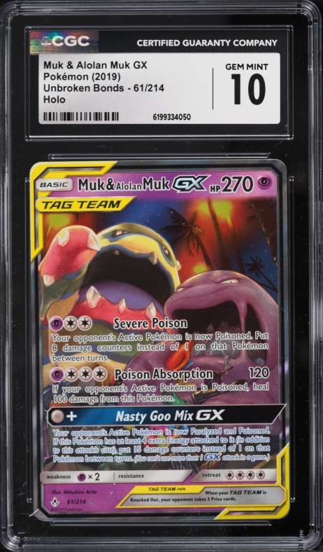 2019 Pokemon Sun & Moon Unbroken Bonds Holo Muk & Alolan Muk GX #61 CGC 10 GEM MINT