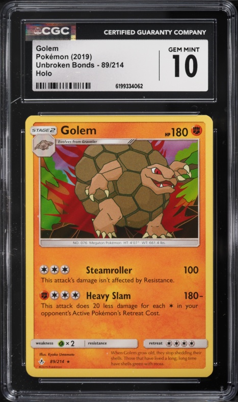 2019 Pokemon Sun & Moon Unbroken Bonds Holo Golem #89 CGC 10 GEM MINT