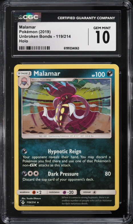 2019 Pokemon Sun & Moon Unbroken Bonds Holo Malamar #119 CGC 10 GEM MINT