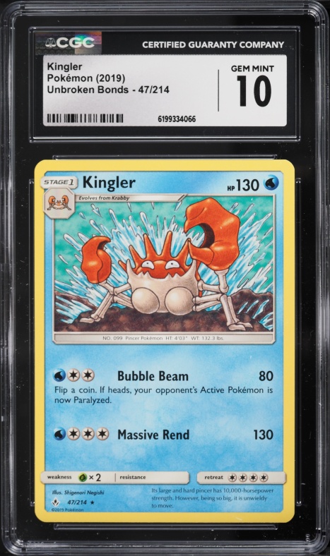 2019 Pokemon Sun & Moon Unbroken Bonds Kingler #47 CGC 10 GEM MINT
