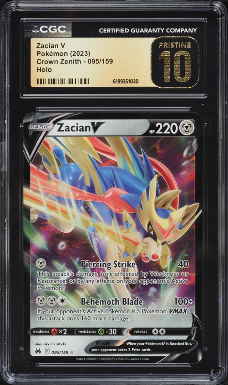2023 Pokemon Sword & Shield Crown Zenith Holo Zacian V #95 CGC 10 PRISTINE