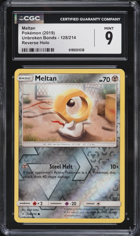 2019 Pokemon Sun & Moon Unbroken Bonds Reverse Holo Meltan #128 CGC 9 MINT