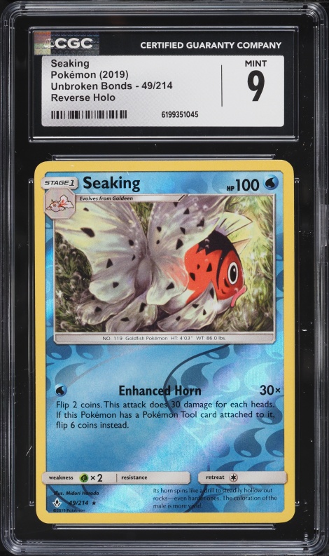 2019 Pokemon Sun & Moon Unbroken Bonds Reverse Holo Seaking #49 CGC 9 MINT