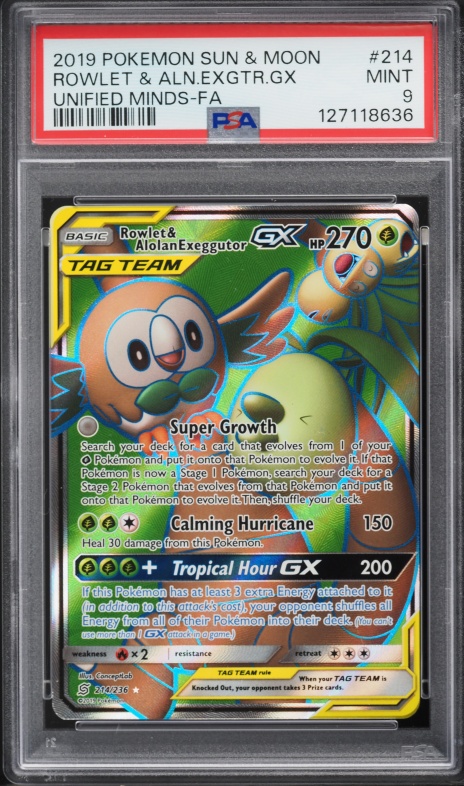 2019 Pokemon Sun & Moon Unified Minds Full Art Rowlet Alolan Exeggutor GX #214 PSA 9 MINT