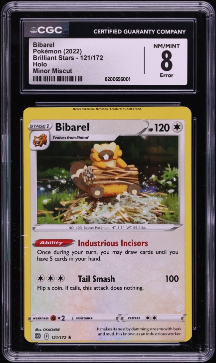 2022 Pokemon Sword & Shield Brilliant Stars Minor Miscut Holo Bibarel #121 CGC 8 NM-MT