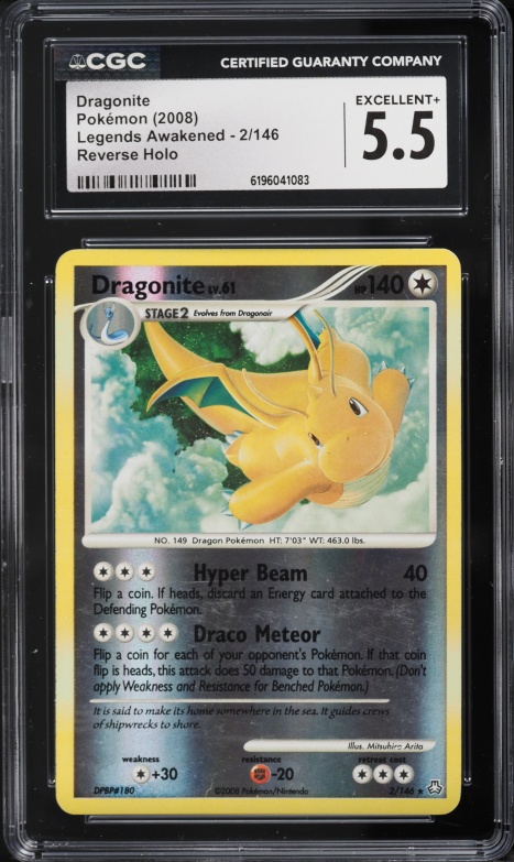2008 Pokemon Diamond & Pearl Legends Awakened Reverse Holo Dragonite #2 CGC 5.5 EX+