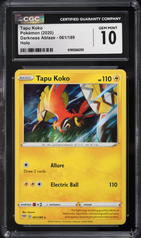 2020 Pokemon Sword & Shield Darkness Ablaze Holo Tapu Koko #61 CGC 10 GEM MINT