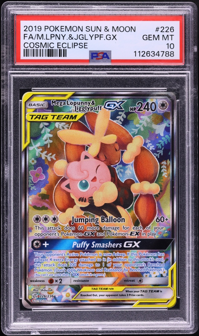 2019 Pokemon Sun & Moon Cosmic Eclipse Full Art Mega Lopunny & Jigglypuff GX #226 PSA 10 GEM