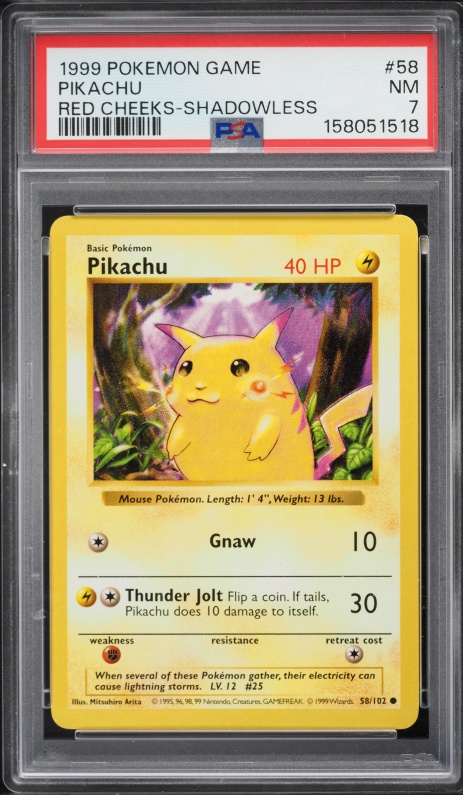 1999 Pokemon Base Set Shadowless Red Cheeks Pikachu #58 PSA 7 NRMT