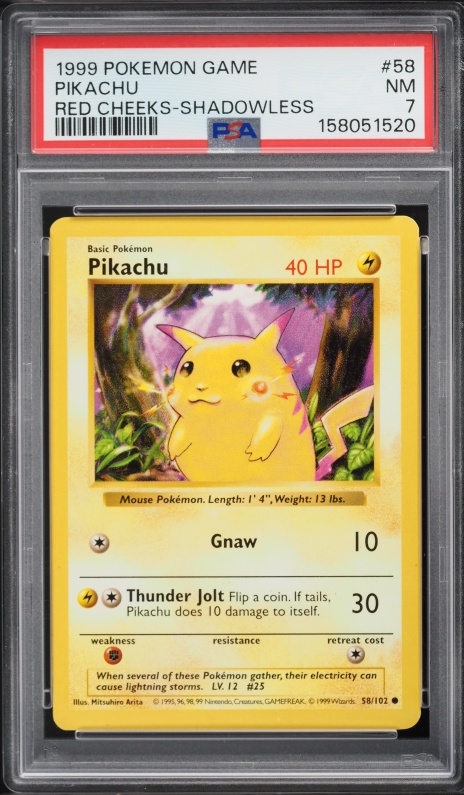 1999 Pokemon Base Set Shadowless Red Cheeks Pikachu #58 PSA 7 NRMT