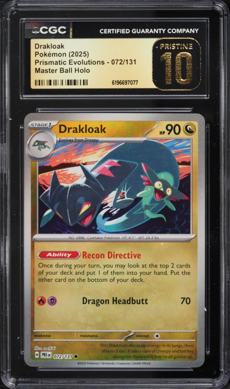 2025 Pokemon SV Prismatic Evolutions Master Ball Holo Drakloak #72 CGC 10 PRISTINE