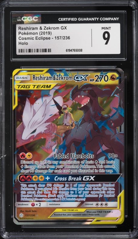 2019 Pokemon Sun & Moon Cosmic Eclipse Holo Reshiram & Zekrom GX #157 CGC 9 MINT