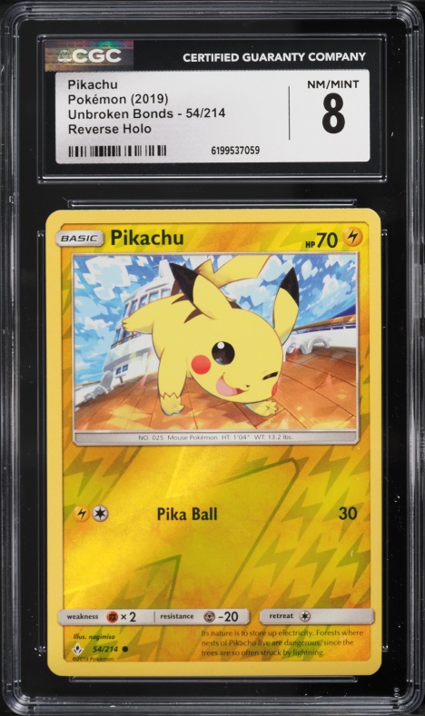 2019 Pokemon Sun & Moon Unbroken Bonds Reverse Holo Pikachu #54 CGC 8 NM-MT